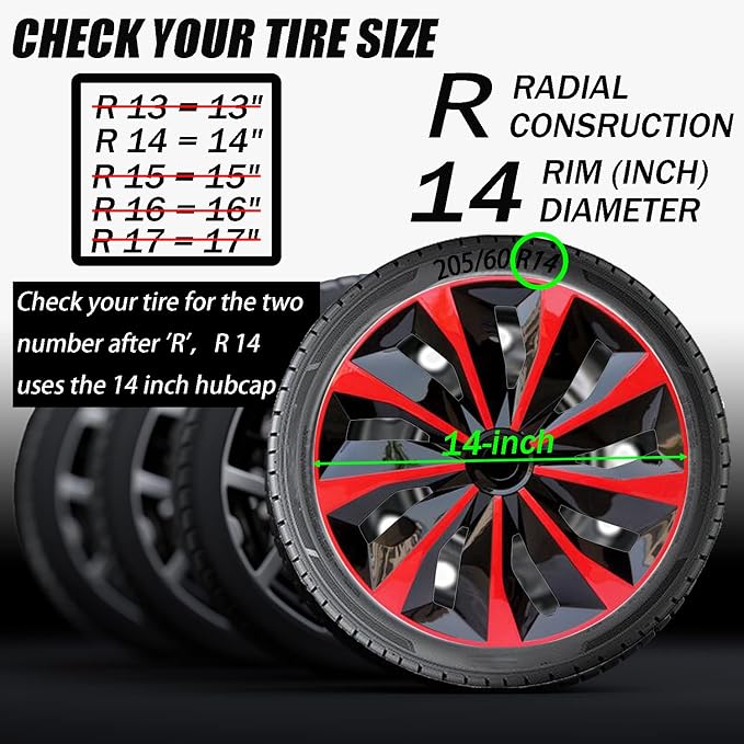 Hubcap Wheel Cover Replacement R14 Hub Caps Universal-Fit Steel Wheel Rim Cover ABS Material Exterior Accessories for Car Truck SUV -Set of 4（14-inch，Red-Black）
