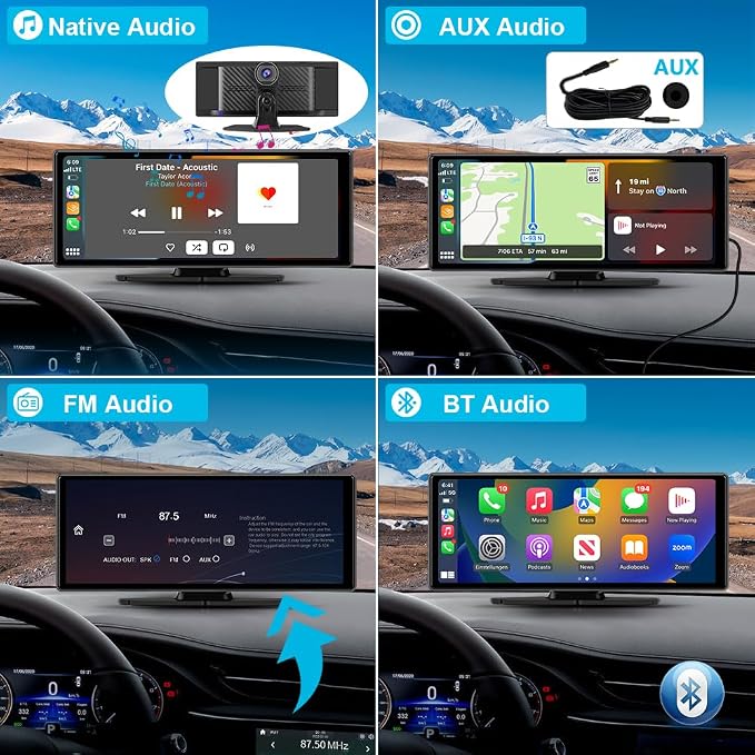 10.26" Carplay Screen for Car Portable, Carplay & Android Auto Car Stereo, Touchscreen GPS Navigation 4K Dash Cam/1080P Backup Camera/Mirror Link/Bluetooth/Voice Control