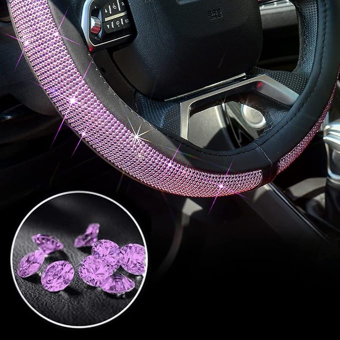 New Diamond Leather Steering Wheel Cover with Bling Bling Crystal Rhinestones, Universal Fit 15 Inch Car Wheel Protector for Women Girls Purple Diamond
