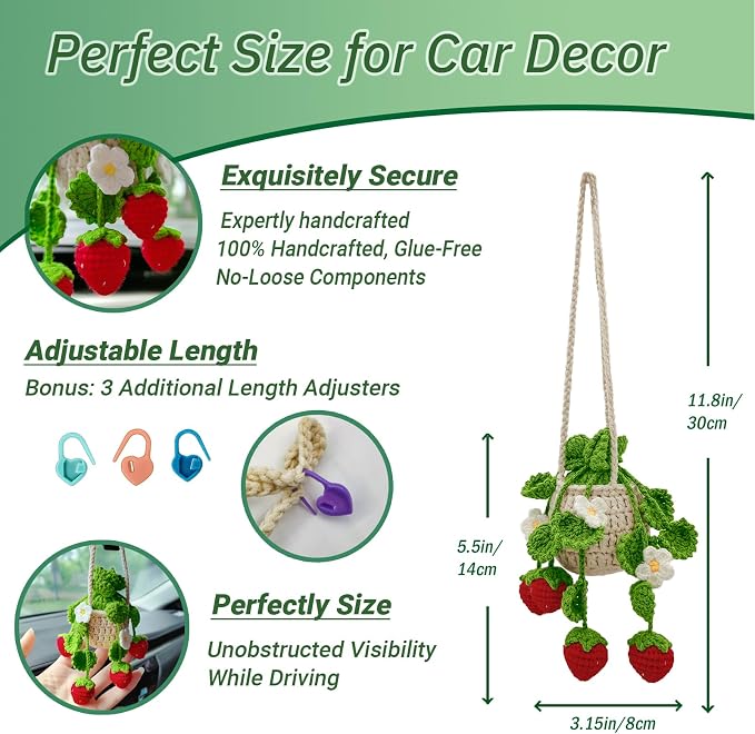 Crochet Hanging Plant for Car,Car Decorations Interior,Plant Strawberry Aesthetic Car Accessories for Women Interior Cute,Car Ornaments Charms for Rear View Mirror,Boho Car Decoration Gifts