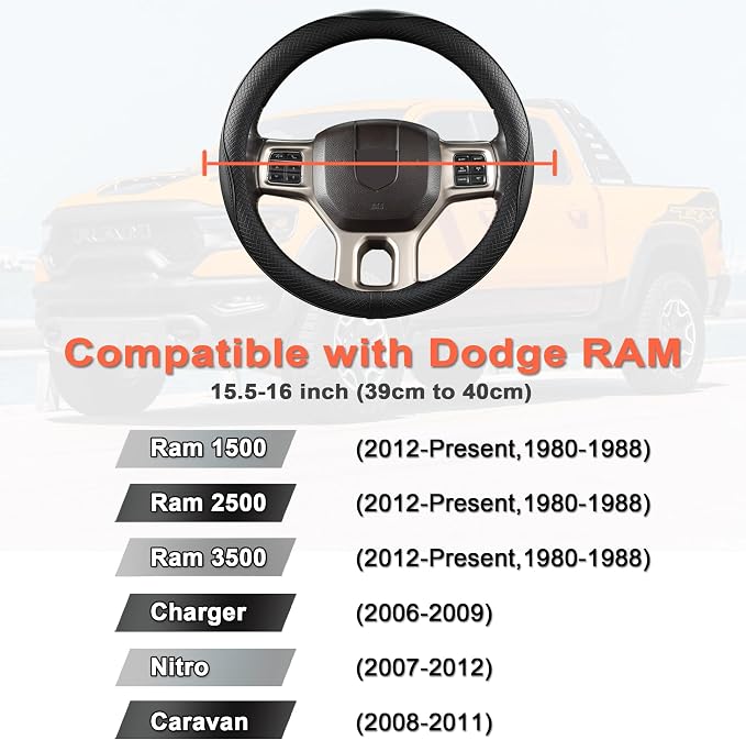 Customized Auto Car Steering Wheel Cover for Dodge RAM 1500 2500 3500, 15.5-16 inch (Black-Large Size)