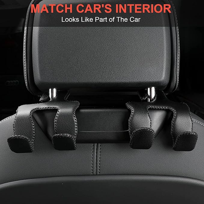 Car Purse Hook, 2 in 1 Car Seat Headrest Hooks Durable Hanger Storage Holder Leather Organizer for Hanging Grocery Bags, 2 Pack, Brown