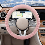 Cherry Blossom Pink Diamond Patterned Plush Steering Wheel Cover, for Universal Auto Steering Wheel 14.5-15 in, Short Fluffy, Anti-Slip, Soft Plush, Comforting and Luxurious, Odorless, Soft Texture