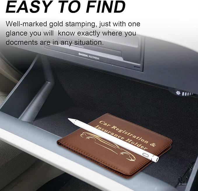 Car Registration and Insurance Holder, Vehicle Glove Box Car Organizer Men Women Wallet Accessories Case for Cards, Essential Document, Driver License, Brown
