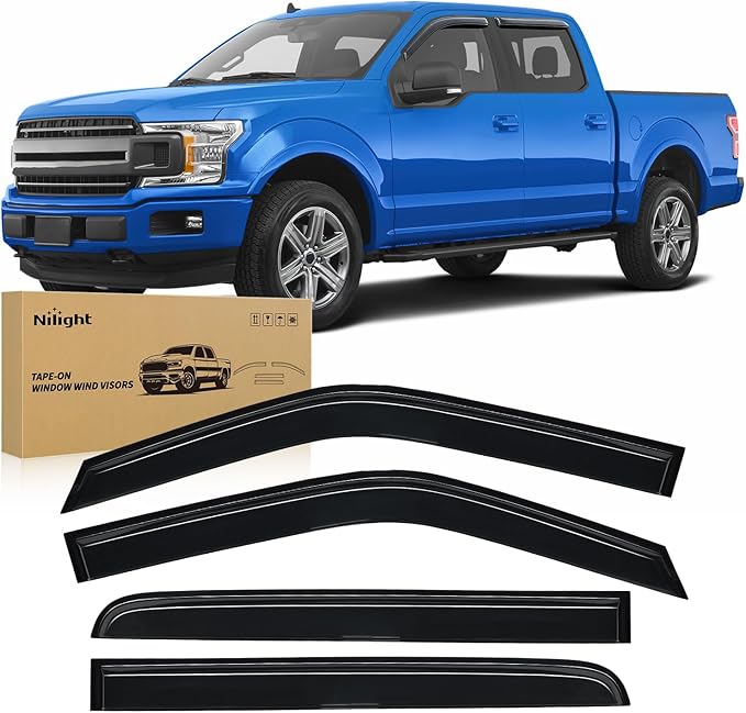 Tape-On Rain Guards for Ford F-150 SuperCrew Cab 2015–2020 (Black Window Trim Only, Not for Chrome Trim/Lariat/Limited), Window Visors Vent Wind Deflectors-4PCS