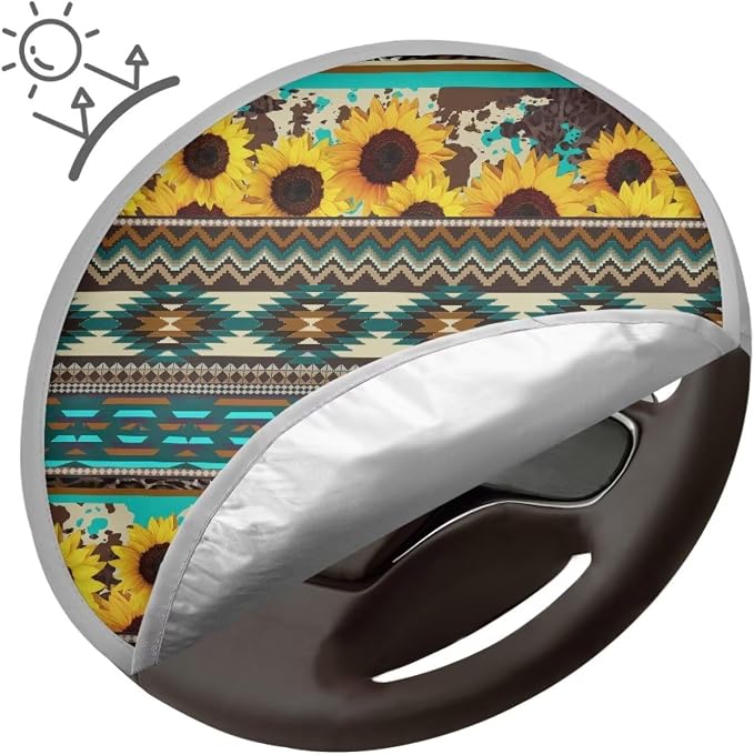 Sunflower Aztec Steering Wheel Cover Sun Shade 17 inch Anti-Heat Steering Wheel Cover Heat Reflector Universal Car Accessories Steering Wheel Sun Block Cover for SUV Trucks Van Sedan