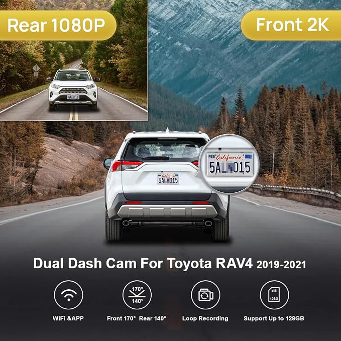 Front 2K+Rear 1080P Dash Cam Adapts for Toyota RAV4 2019-2021 (Model A, No Vents) & Prime Plug-in Hybrid, OEM Look, Dual HD Video, WiFi & APP, Loop Recording, G-Sensor, Easy to Use, 64GB Card