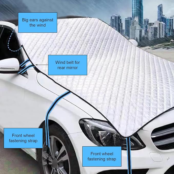 Car Hood Cover, Multi-Layer Thickening Waterproof Coat Front Windshield Hood, All Weather Waterproof Frostproof Half Car Covers, Universal for Most Cars