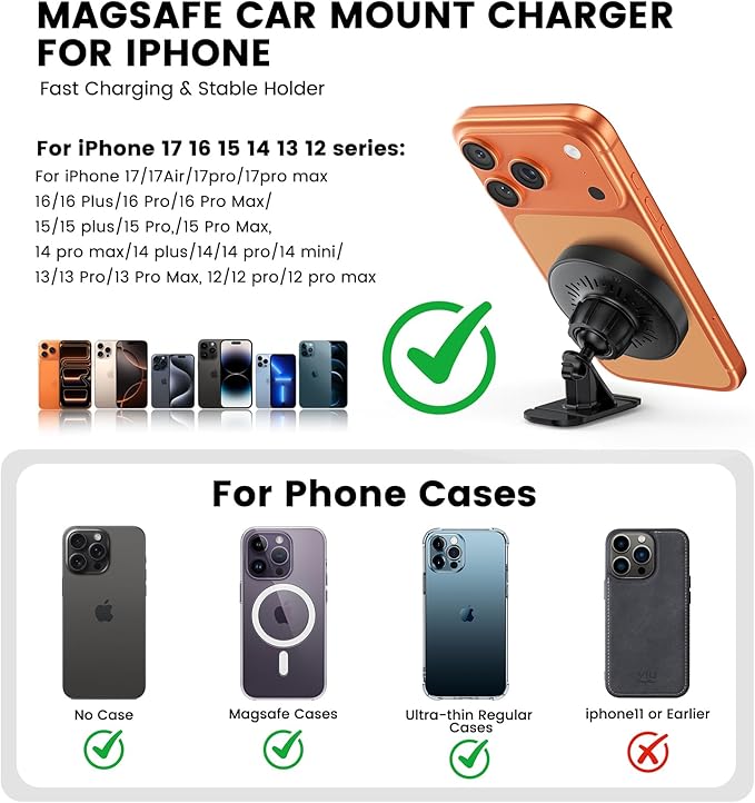 Magnetic Car Mount Charger 15W Magnetic Wireless Car Charger for iPhone 17 Accessories Magnetic Phone Holder for Car 3 in 1 Magnetic Car Mount for iPhone17Pro/16/15/14/13/12 Series Gifts for Men Women