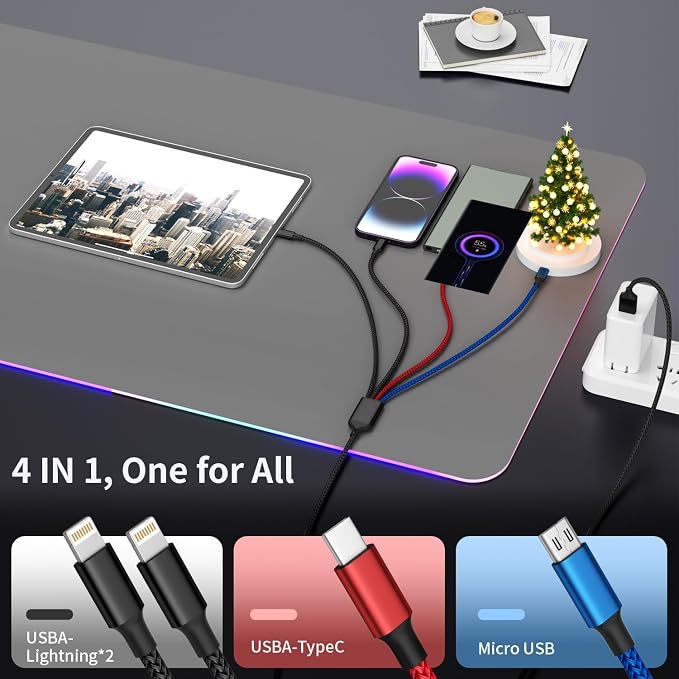 Travel 4 in 1 Multi Charging Cable with Dual IP/Type C/Micro USB, 2Packs 5FT Car Accessories iPhone Charger Cord for Multiple Devices, Universal USB Cable for iPhone17-8/iPads/Tablets and More