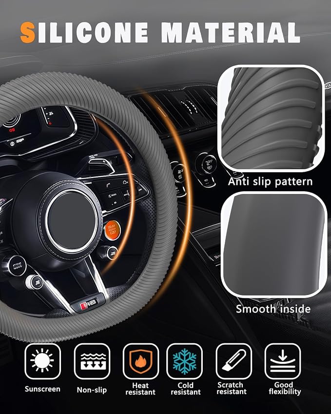 Car Steering Wheel Cover, Thin Anti-Skid Silicone Steering Wheel Cover for Men & Women, Universal Automotive Interior Accessories for Most Cars (Grey)