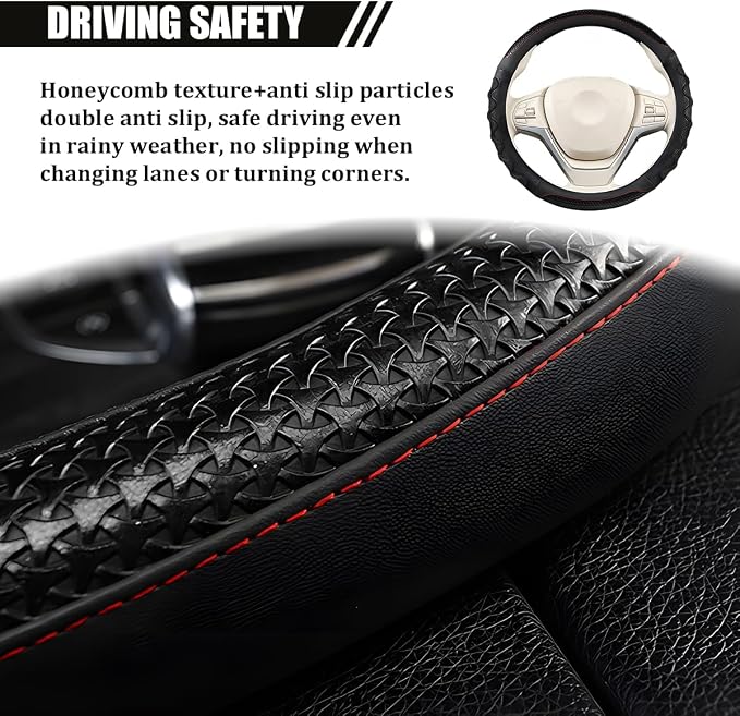 Car Steering Wheel Cover, 14.5-15" Anti-Slip Steering Wheel Protector with 3D Honeycomb Massage Grip, Comfortable Auto Interior Decor Accessories, Universal for SUV Van Truck (Black)