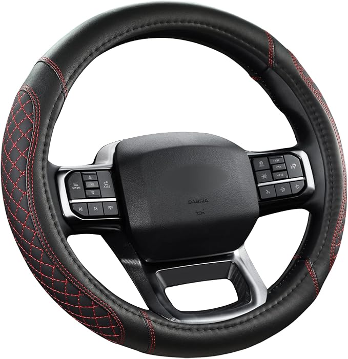 Customized Auto Car Steering Wheel Cover for Ford F-150, F-250, F-350, Expedition(Diamond Quilted - Black+Red)