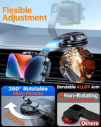 HTU Upgraded Strongest Suction Car Phone Holder Bendable Arm, Never Block View Rotatable Cellphone Mount for Dashboard Windshield Vent, Cradle Stand for iPhone 17 16 15 14 13 12 Pro Max (Black)