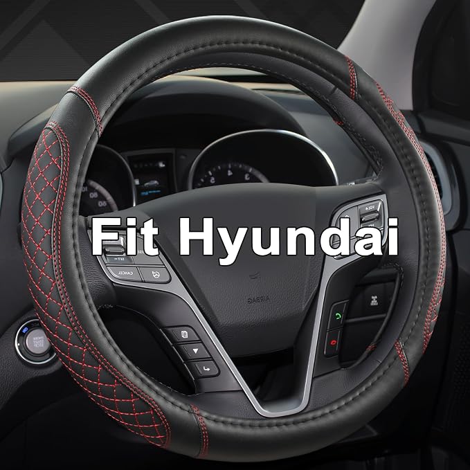 Customized Auto Car Steering Wheel Cover for Hyundai,Tucson,Sonata,Elantra,Santa Fe,Genesis,Sonata Hybrid,Azera,Venue,Kona, 14.5-15 inches(Diamond Quilted-Black+Red-Standard Size)