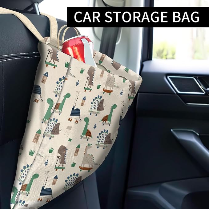 Car Trash Can, Cute Car Trash Bag, Hanging Car Organizer and Storage Bag, Trash Bin for Car Accessories, Vehicle, Travelling, Camping Cute Dinosaur