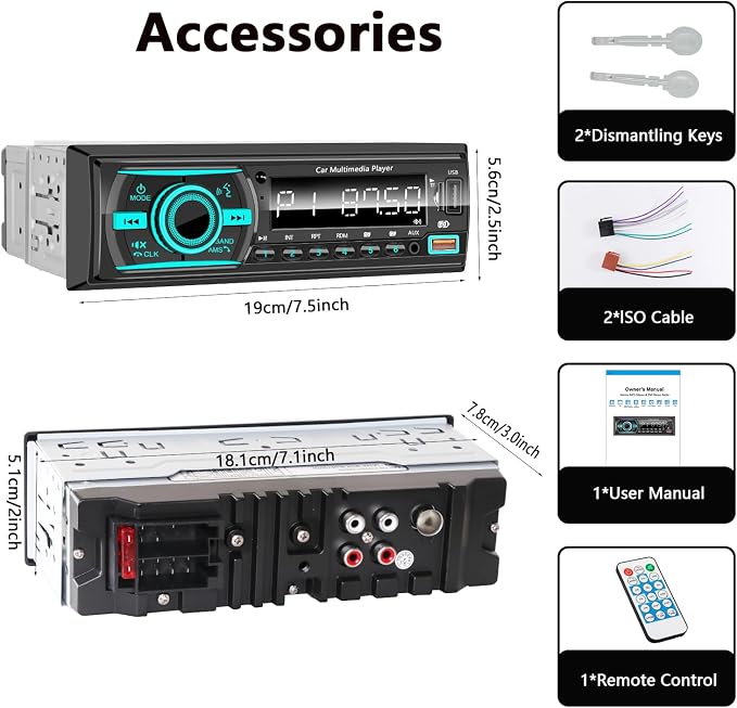 Single Din Radio Car Stereo Bluetooth,Radio Head Unit with FM/Dual USB/AUX/TF/EQ/MP3/RCA,12V Bluetooth Car Stereo Support Hands Free Calling,Clock Display,iOS & Android App Control,No CD(Black)
