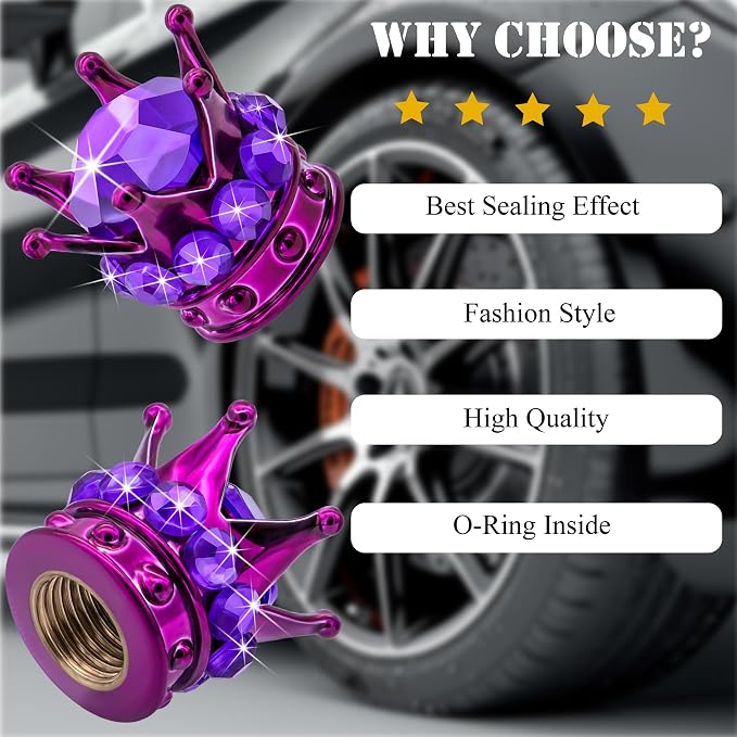 4PCS Crown Bling Tire Stem Valve Caps, Crystal Diamond Car Wheel Tire Valve Caps Universal Copper Core Stem Covers for Cars, SUV, Trucks, Bikes, Motorcycles, Bicycles (Purple)