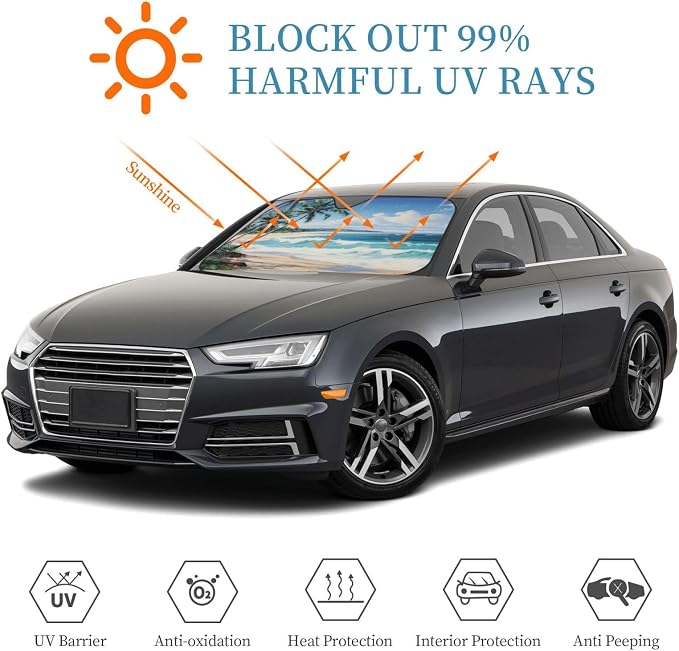 Windshield Sun Shade Beach Sea Palm Tree Car Front Window Sunshade Cover for Truck SUV Blocks UV Rays Automotive Visor Interior Protector 51 x 27.5 inch
