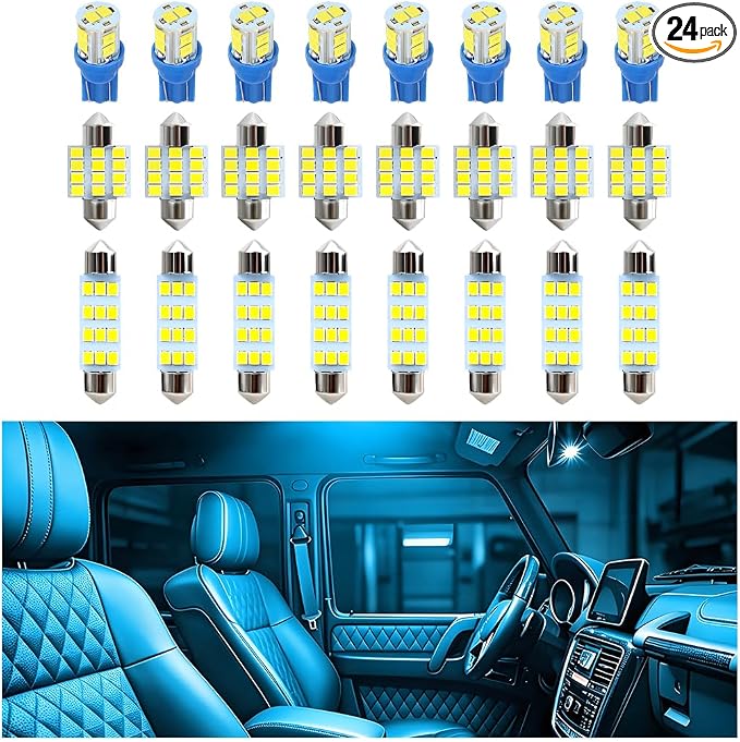 24PCS LED Interior Car Lights, T10 31mm 41mm Dome Bulb Kit,Ice Blue | 194 168 2825 DE3175 578 sockets, alloy PCB, output for map trunk license tag, plug in, automotive accessories