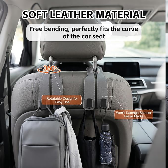 2 Pack Gray Car Headrest Hooks, Universal Car Purse Holder Seat Back Storage Hook, Multifunctional Automotive Interior Organizer for Bags Purses Groceries