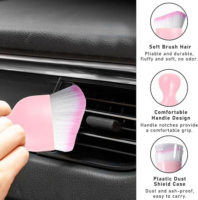2PCS Car Interior Dust Brush, Soft Scratch Free Auto Detailing Brushes, Universal Vehicle Interior Cleaning Tool for Automotive Dashboard, Air Vents, Leather (Pink & Pink)