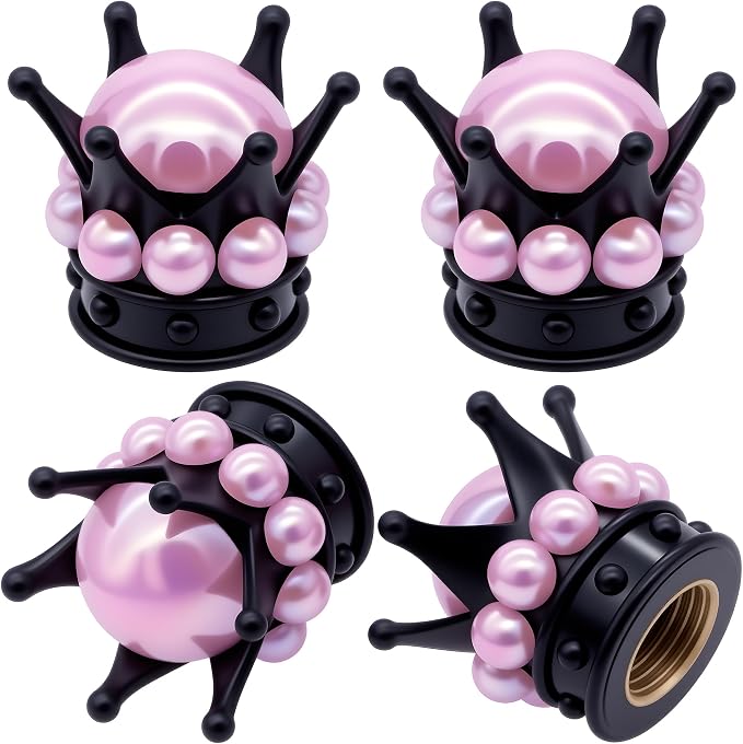 4PCS Crown Bling Tire Stem Valve Caps, Crystal Diamond Tire Air Cap Set Universal Copper Core Stem Covers for Cars, SUV, Trucks, Bikes, Motorcycles, Bicycles (Black & Pink)