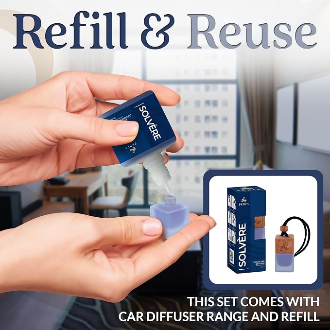 Solvère Gift Set with Refill Bottle | Automotive Air Fresheners with Solvère Fragrance | Strong Car Perfume | Odor Eliminating Car Air Fresheners by