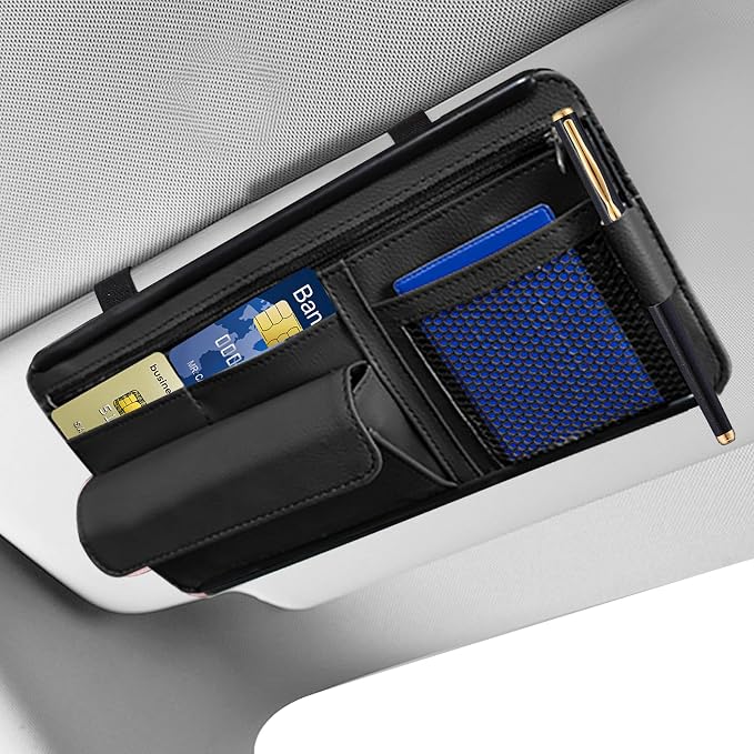 Car Visor Organizer, Leather Multi-Pocket Auto Sun Visor Storage Pouch with Sunglasses Holder, Card Holder, Zipper Pocket, Net Pocket, Pen Slot, Universal Interior Car Accessories (Black)