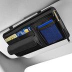 Car Visor Organizer, Leather Multi-Pocket Auto Sun Visor Storage Pouch with Sunglasses Holder, Card Holder, Zipper Pocket, Net Pocket, Pen Slot, Universal Interior Car Accessories (Black)