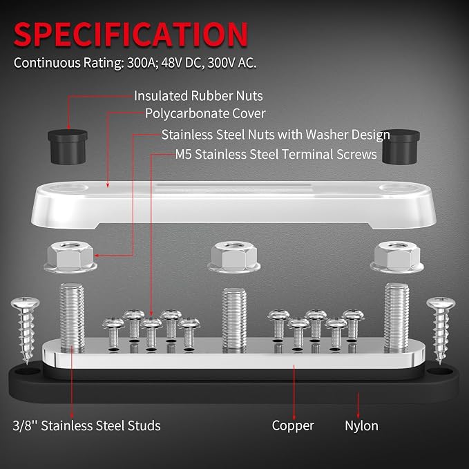 300A Copper Bus Bar 12V, Power Distribution Block with Cover 3 x 3/8” M10 Studs & 10 x M5 Terminal Screws for Car Marine Solar Battery Negative & Positive