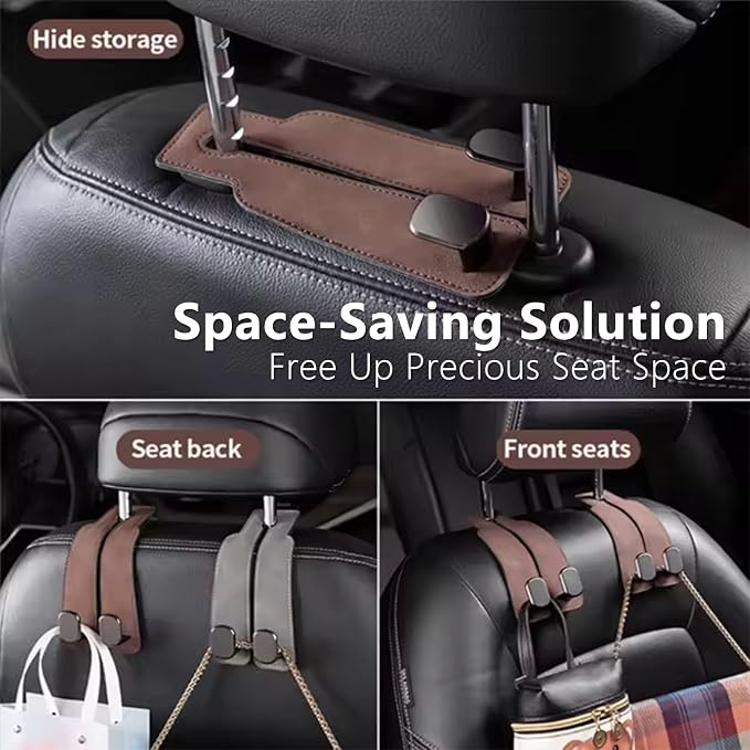 2PCS Leather Car Seat Headrest Hooks – Durable Double Hook Organizer for Bags, Purses, Handbags, Groceries & Back Seat Storage