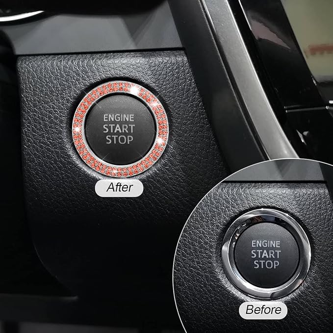 Bling Car Engine Start Ring Decals, 2PCS Crystal Rhinestone Vehicle Push Start Button Cover Sticker, Key Ignition Knob Ring, Sparkling Automotive Interior Accessories (Double Orange Red)