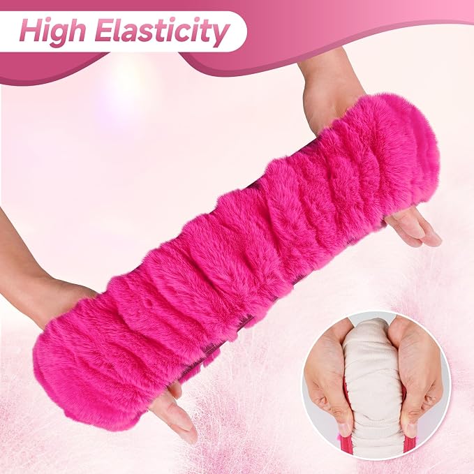 Furry Car Steering Wheel Cover with Gear Shift Cover, Soft and Warm, Cute Fluffy Auto Decor for Women Men, Standard Size, 2 PCS Set, Magenta