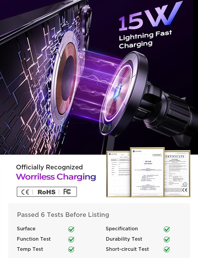 15W MagSafe Car Mount Charger,[Carbon Fiber] Magnetic Wireless Car Charger, Dashboard & Air Vent Car Phone Mounts, Magnetic Phone Holder for Car Mount for iPhone 17/16/15/14/13/12, Samsung Pixel | Carbon Fiber 15W Magsafe Car Mount Charger, 2 in...