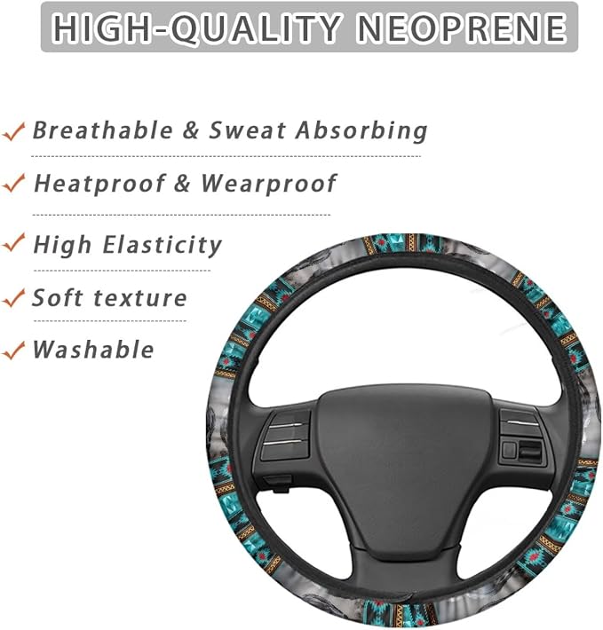 Aztec Horse Teal Gray Car Steering Wheel Cover Universal 15 Inch Anti-Slip Neoprene Auto Steering Wheel Protector Car Accessories Decor for Women Men