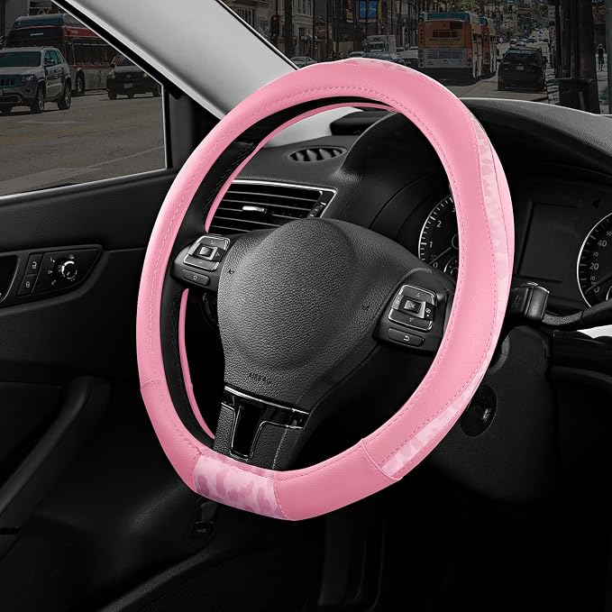Steering Wheel Cover - Flat Bottom Wheel Cover Made with PVC Leather and Leopard Fabric - Universal Fit for 15-Inch D-Shaped Automotive Steering Wheels (All Pink)