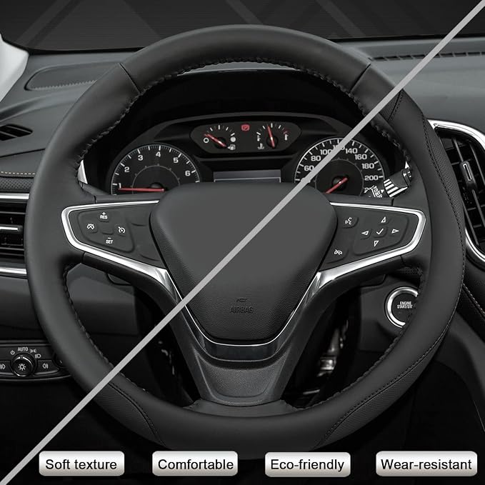 Customized Auto Car Steering Wheel Cover for Chevy 14.5-15 inches, Steering Wheel Cover for Chevrolet (Black - Standard Size)