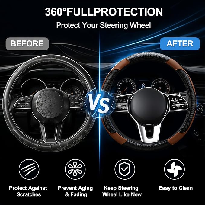 Car Steering Wheel Cover, 15 inch Carbon Fiber Microfiber Anti-Slip Breathable PU Leather Elastic Steering Wheel Protector, Car Interior Accessories for Most Cars (Brown)