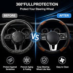 Car Steering Wheel Cover, 15 inch Carbon Fiber Microfiber Anti-Slip Breathable PU Leather Elastic Steering Wheel Protector, Car Interior Accessories for Most Cars (Brown)