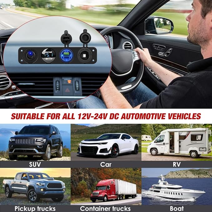 4 in 1 ON/Off Charger Socket Panel PD Type C and QC 3.0 USB Power Outlet LED Voltmeter Cigarette Lighter Rocker Toggle Switches for Truck Car Boats RV