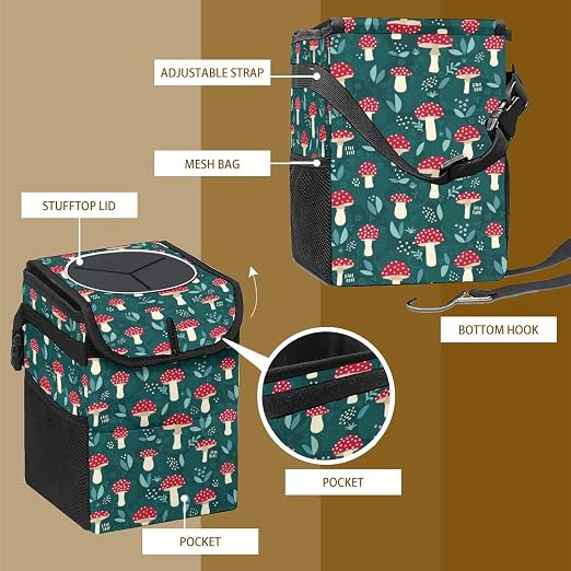 Mushroom Car Trash Can, Waterproof Portable Mini Garbage Bin, Lightweight No-Install Waste Basket for Car Office Home, Cute Multifunctional Car Interior Accessory