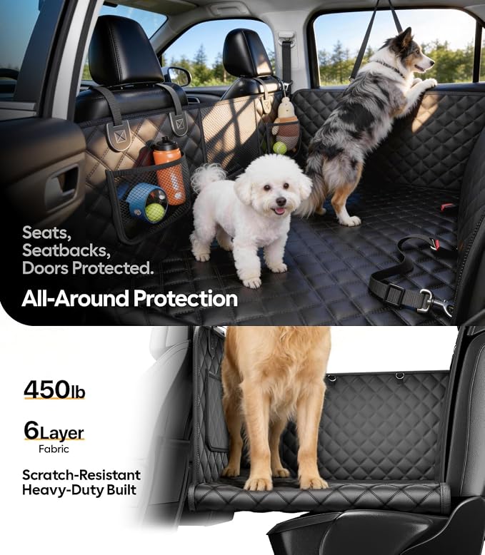 Dog Car Seat Cover for Back Seat, 450lb Hardbottom Dog Hammock,Waterproof & Anti-Scratch Backseat Protector for 1-4 Large/Medium Dogs, Seat Extender for SUV Medium Truck, Size-L, Black+Orange