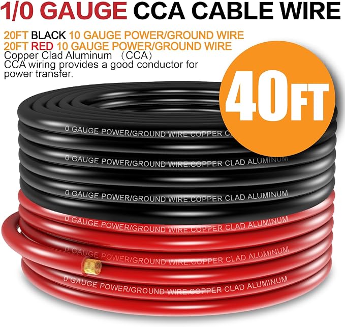 0 Gauge Wire 40FT (20Ft Black+20Ft Red) Copper Clad Aluminum(CCA),0 Gauge Battery Cable Wire,20pcs Lugs Terminal Connectors,20PCS Heat Shrink Tubing for Primary Wiring,Winch Wiring,Inverter Cables