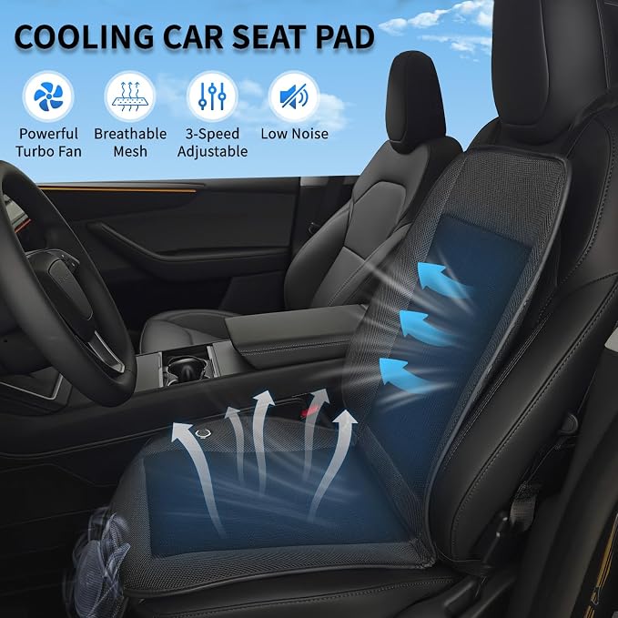 Cooling Car Seat Pad with Fan, 12V-24V Ventilated Car Seat Cushion, Breathable 3D Mesh Seat Cooler, 3-Speed Airflow Adjustment, Universal Fit for Cars, Trucks, SUVs - Ideal for Summer Driving