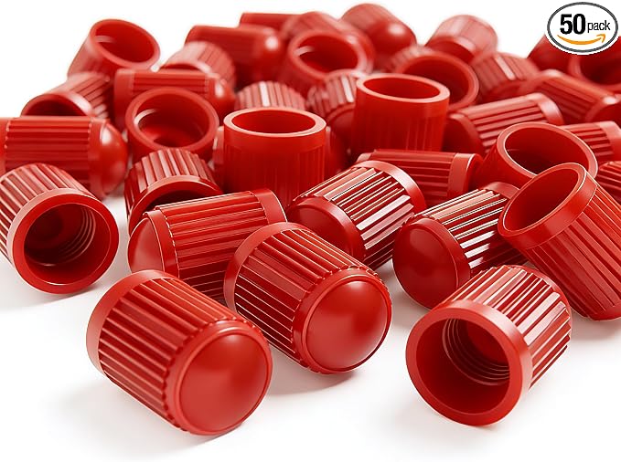 50PCS Tire Valve Stem Caps, Corrosion Resistant, with O Rubber Ring, Airtight Seal Heavy Duty Dustproof Tire Valve Stem Covers for Cars, SUV, Trucks, Bikes, Motorcycles, Bicycles(Red)
