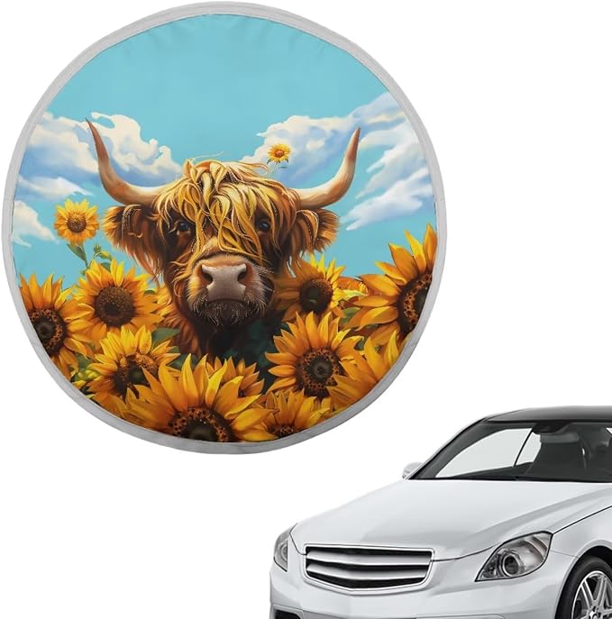 Sunflower Highland Cow Steering Wheel Sun Shade Cover Anti-Heat Steering Wheel Sun Block Cover,Cute Auto Accessories Interior Car Steering Wheel Cover for Women,17 inch Universal Fit