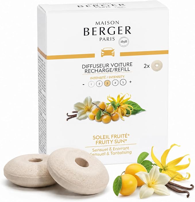 Car Diffuser Refill Set, Fruity Sun | Plum Peach Pineapple Notes, 2 Ceramic Inserts, Fits Vent Clips, 4-Week Diffusion, Made in France