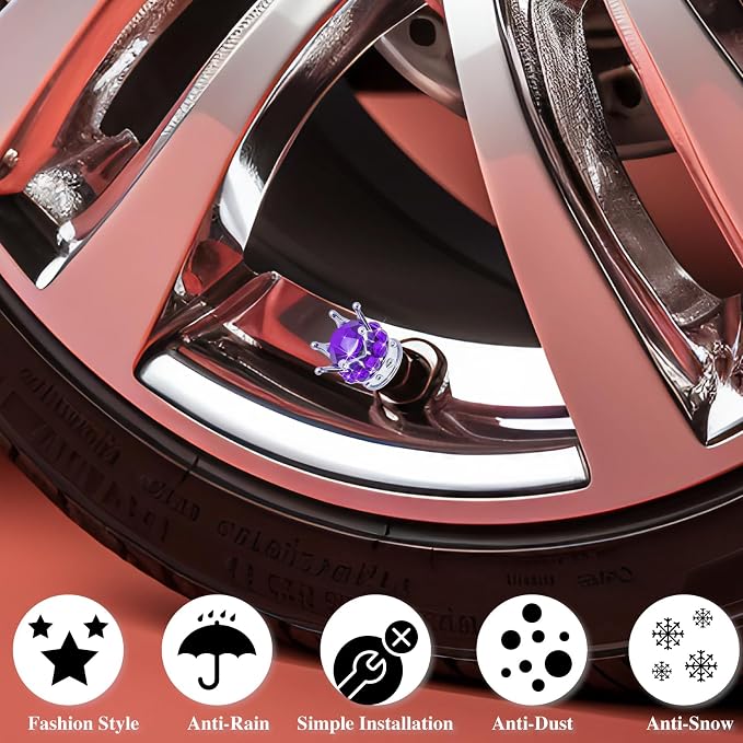 4PCS Crown Bling Tire Stem Valve Caps, Crystal Diamond Car Wheel Tire Valve Caps Universal Copper Core Stem Covers for Cars, SUV, Trucks, Bikes, Motorcycles, Bicycles (Silver & Purple)