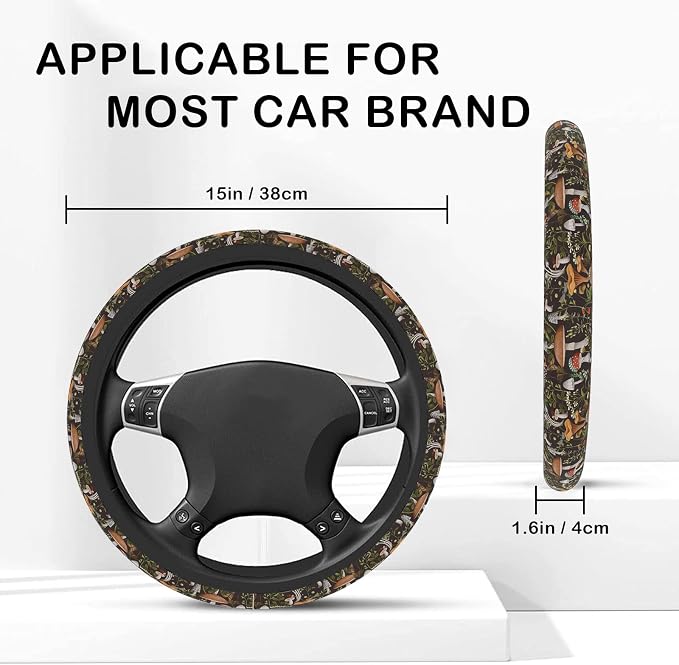 Steering Wheel Cover, Woodland Mushroom Plants Steering Wheel Cover for Women Anti-Slip Universal Mushroom Car Accessories 15 inch Steering Wheel Protector Fit Auto SUV Sedan Vans Trucks